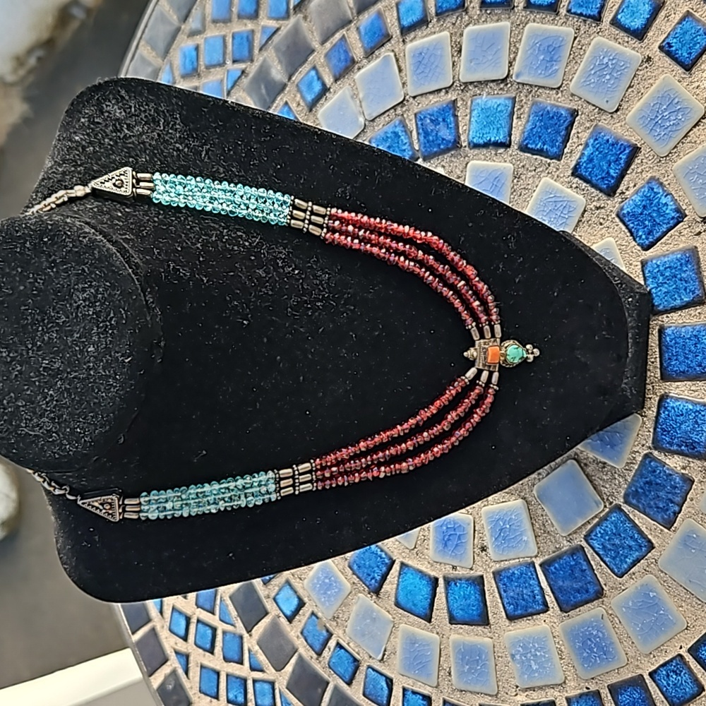 925 Sterling Silver Green Red Glass Beaded Coral/Turquoise Pendant